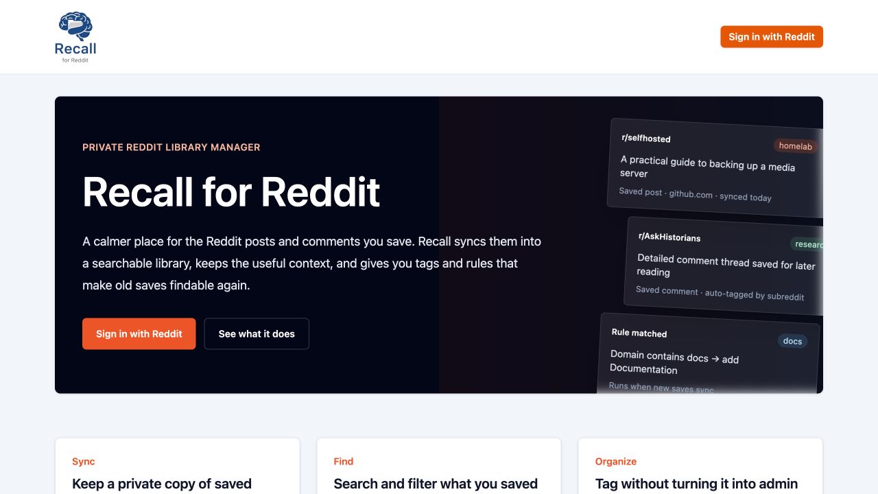 Startseite von Recall for Reddit